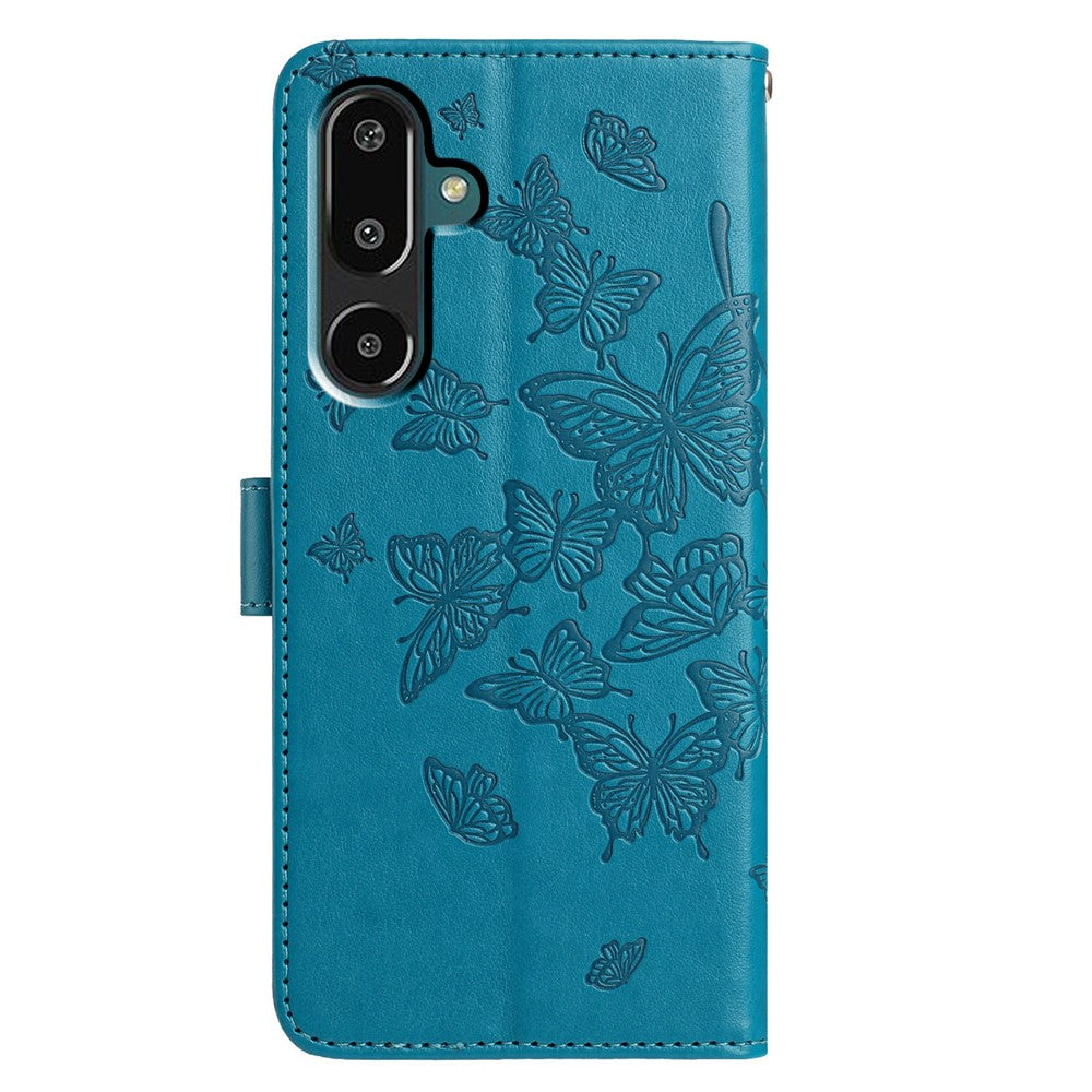 For Samsung Galaxy M16 5G / F16 5G Case Butterfly Imprinted Wallet Stand PU Leather Flip Phone Cover with Strap - Blue