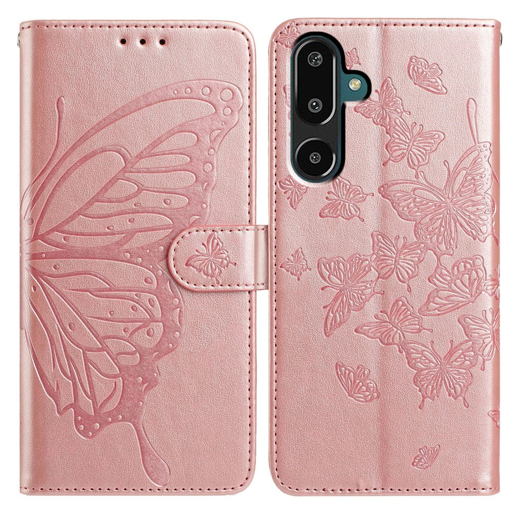 For Samsung Galaxy M16 5G / F16 5G Case Butterfly Imprinted Wallet Stand PU Leather Flip Phone Cover with Strap - Rose Gold