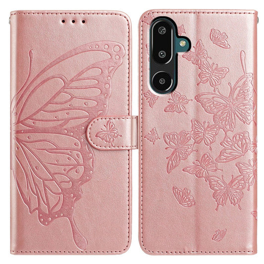 For Samsung Galaxy M16 5G / F16 5G Case Butterfly Imprinted Wallet Stand PU Leather Flip Phone Cover with Strap - Rose Gold