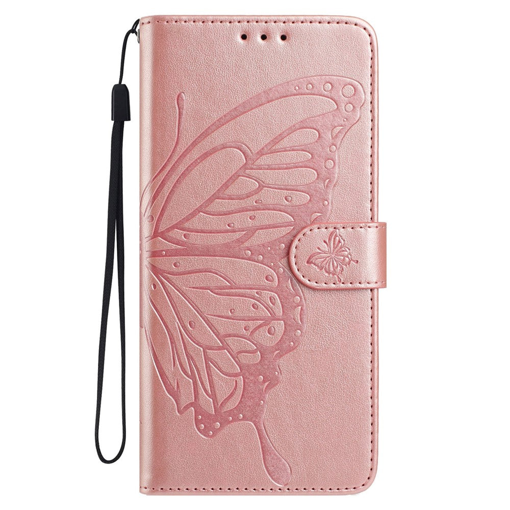 For Samsung Galaxy M16 5G / F16 5G Case Butterfly Imprinted Wallet Stand PU Leather Flip Phone Cover with Strap - Rose Gold