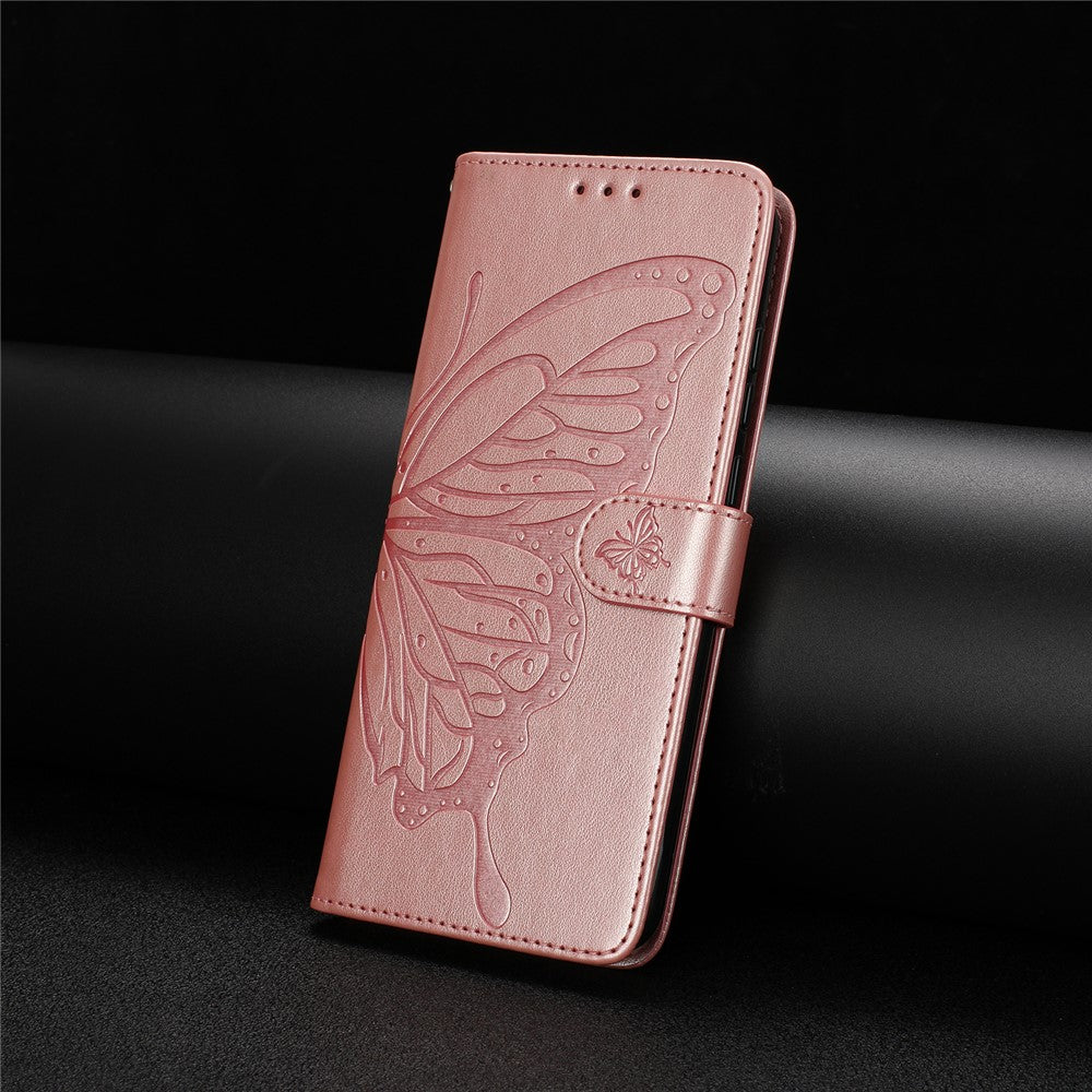 For Samsung Galaxy M16 5G / F16 5G Case Butterfly Imprinted Wallet Stand PU Leather Flip Phone Cover with Strap - Rose Gold