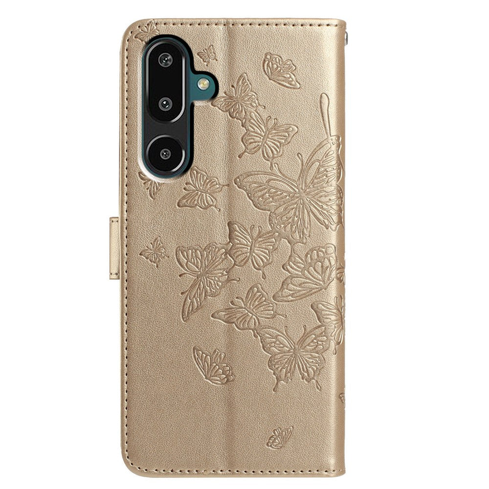 For Samsung Galaxy M16 5G / F16 5G Case Butterfly Imprinted Wallet Stand PU Leather Flip Phone Cover with Strap - Gold