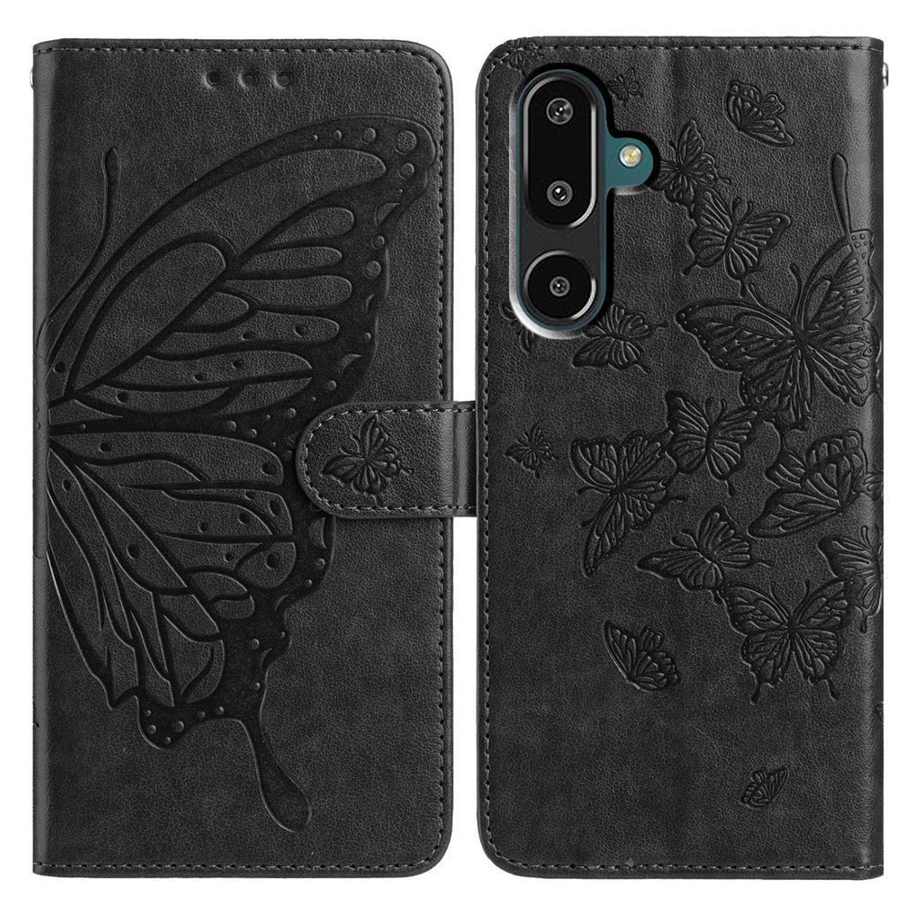 For Samsung Galaxy M16 5G / F16 5G Case Butterfly Imprinted Wallet Stand PU Leather Flip Phone Cover with Strap - Black