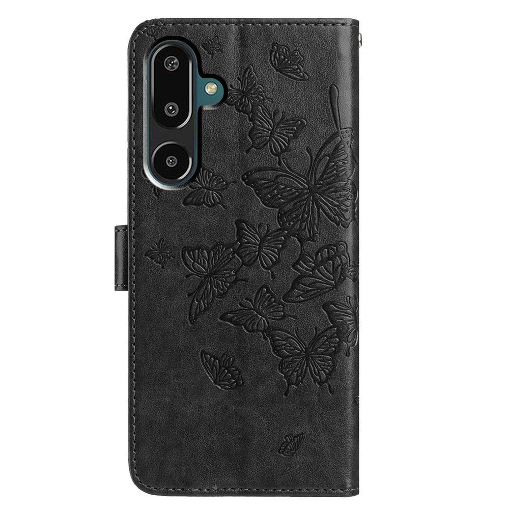For Samsung Galaxy M16 5G / F16 5G Case Butterfly Imprinted Wallet Stand PU Leather Flip Phone Cover with Strap - Black