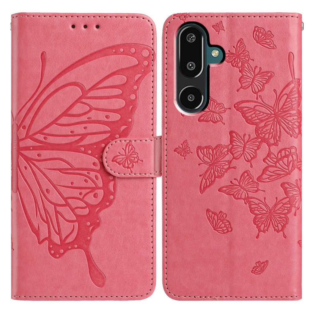 For Samsung Galaxy M16 5G / F16 5G Case Butterfly Imprinted Wallet Stand PU Leather Flip Phone Cover with Strap - Rose
