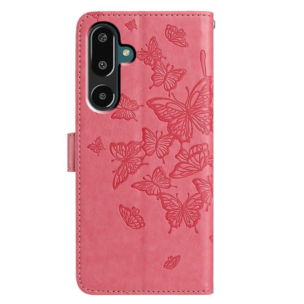For Samsung Galaxy M16 5G / F16 5G Case Butterfly Imprinted Wallet Stand PU Leather Flip Phone Cover with Strap - Rose