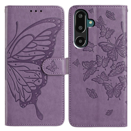 For Samsung Galaxy M16 5G / F16 5G Case Butterfly Imprinted Wallet Stand PU Leather Flip Phone Cover with Strap - Purple