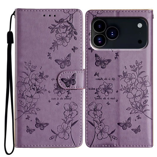 For iPhone 17 Pro Max Wallet Phone Case Butterfly Floral Imprint Leather Flip Cover with Strap - Purple