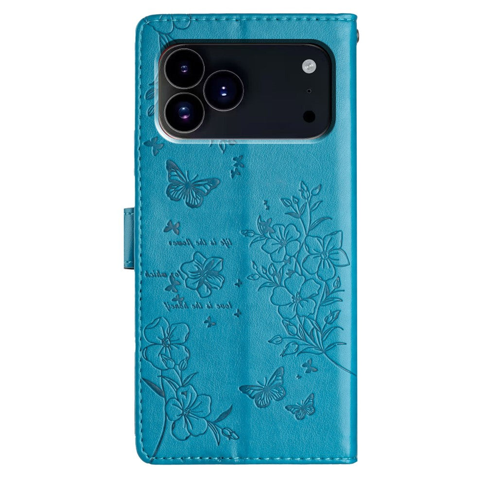 For iPhone 17 Pro Max Wallet Phone Case Butterfly Floral Imprint Leather Flip Cover with Strap - Blue