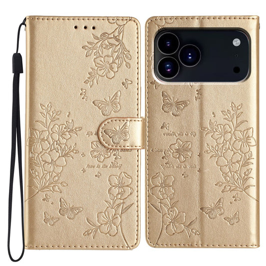 For iPhone 17 Pro Max Wallet Phone Case Butterfly Floral Imprint Leather Flip Cover with Strap - Gold