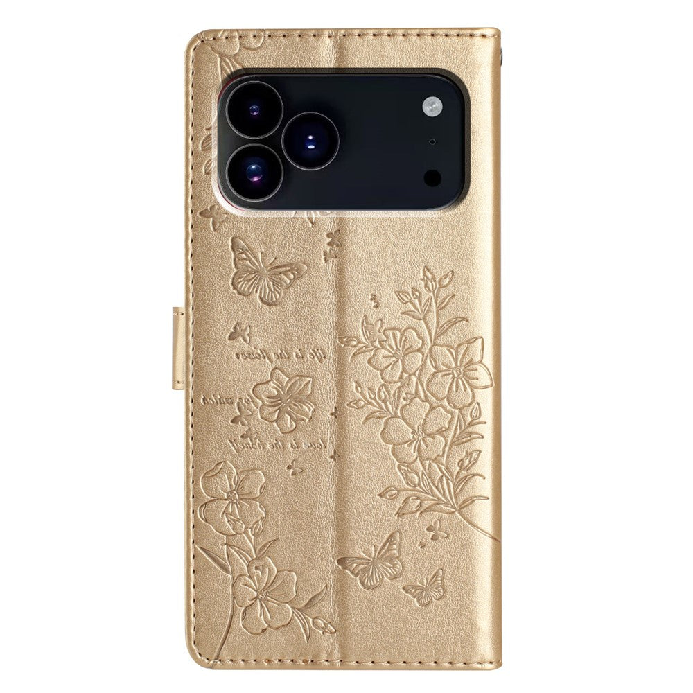 For iPhone 17 Pro Max Wallet Phone Case Butterfly Floral Imprint Leather Flip Cover with Strap - Gold