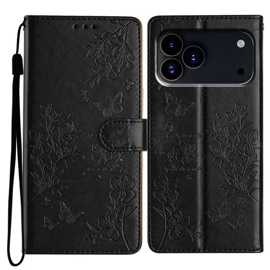 For iPhone 17 Pro Max Wallet Phone Case Butterfly Floral Imprint Leather Flip Cover with Strap - Black