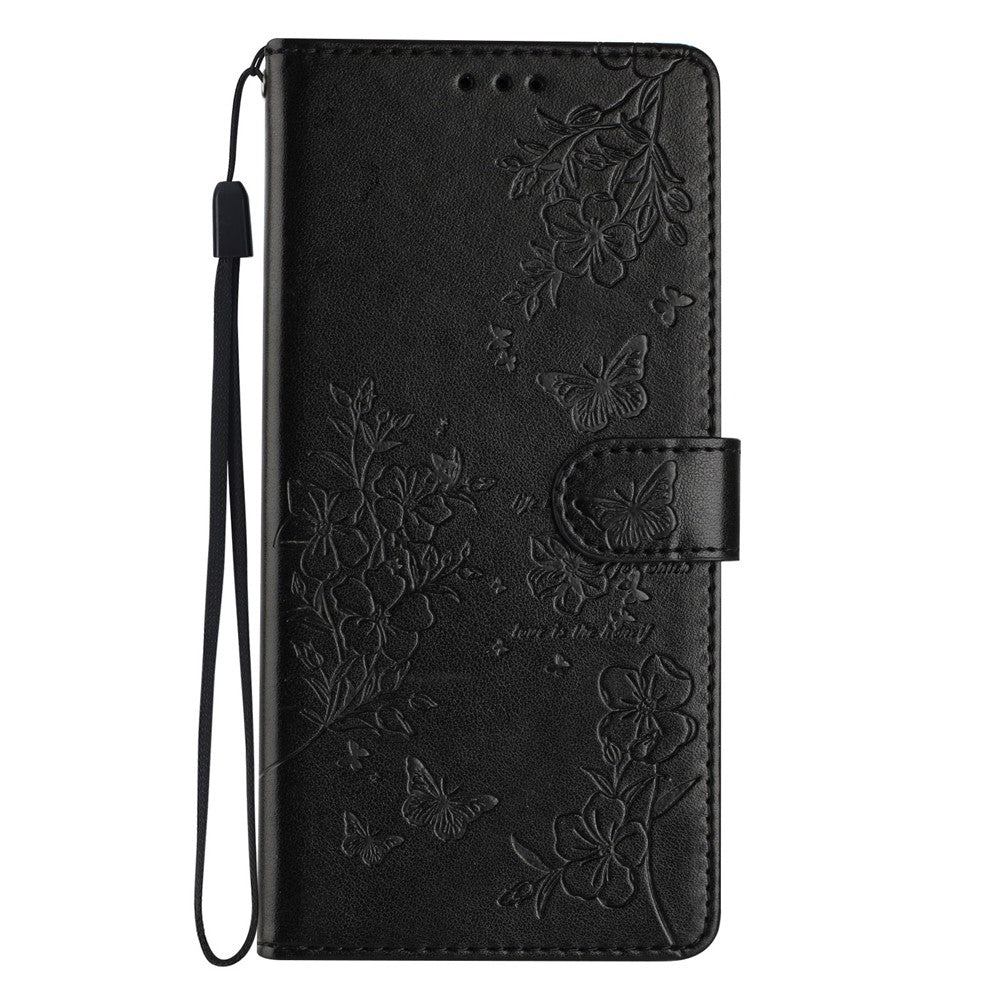 For iPhone 17 Pro Max Wallet Phone Case Butterfly Floral Imprint Leather Flip Cover with Strap - Black