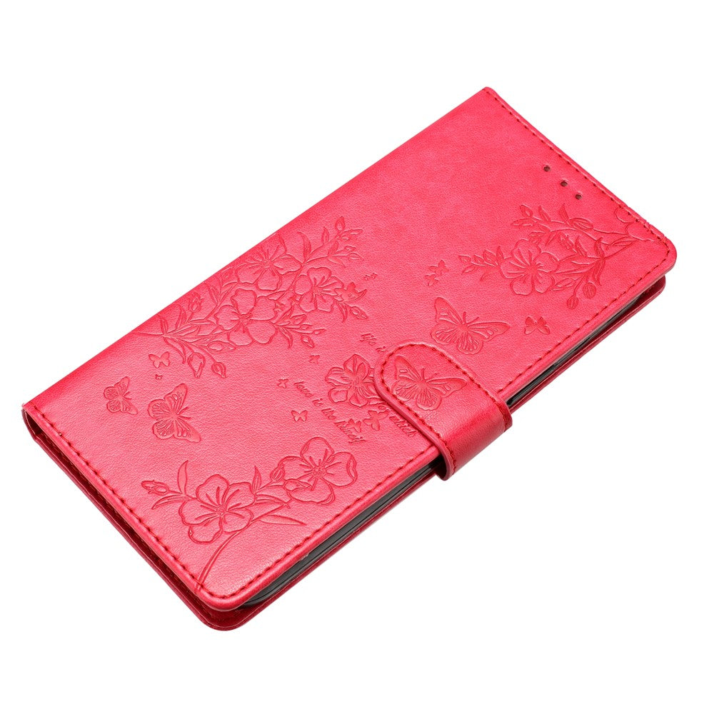 For iPhone 17 Pro Max Wallet Phone Case Butterfly Floral Imprint Leather Flip Cover with Strap - Red