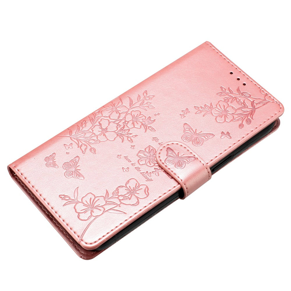 For Oppo Reno14 Pro 5G (Global) Wallet Phone Case Butterfly Floral Imprint Leather Flip Cover with Strap - Rose Gold