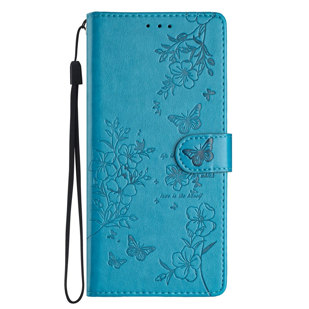 For Oppo Reno14 Pro 5G (Global) Wallet Phone Case Butterfly Floral Imprint Leather Flip Cover with Strap - Blue