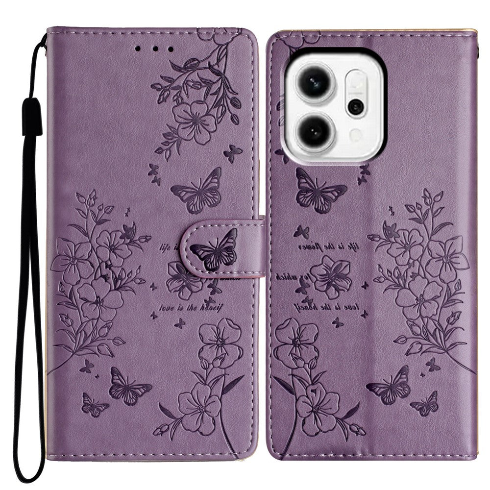 For Oppo Reno14 5G (Global) Wallet Phone Case Butterfly Floral Imprint Leather Flip Cover with Strap - Purple