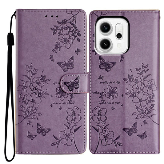 For Oppo Reno14 5G (Global) Wallet Phone Case Butterfly Floral Imprint Leather Flip Cover with Strap - Purple