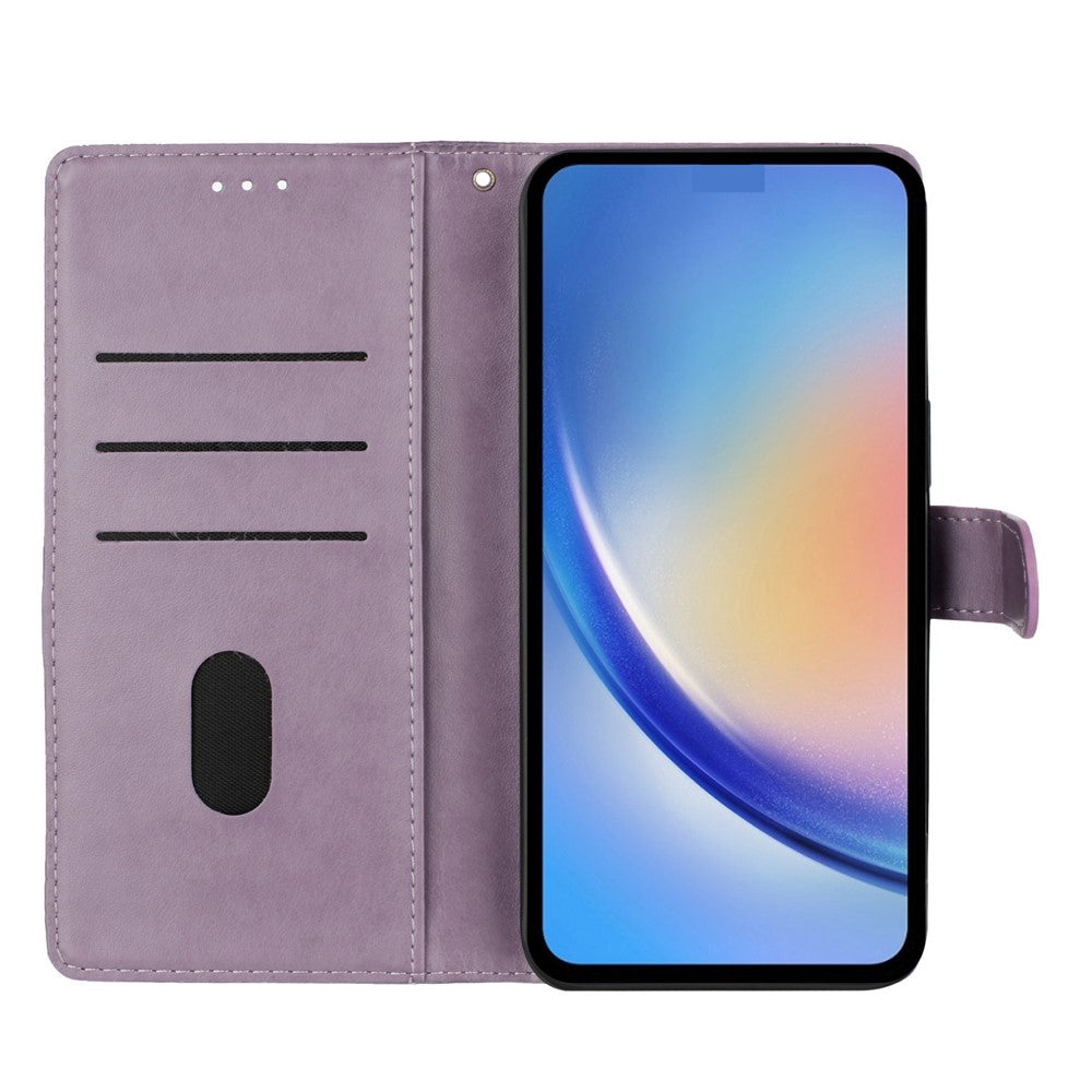 For Oppo Reno14 5G (Global) Wallet Phone Case Butterfly Floral Imprint Leather Flip Cover with Strap - Purple