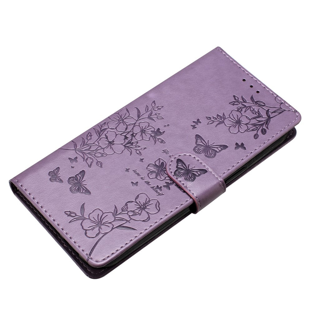 For Oppo Reno14 5G (Global) Wallet Phone Case Butterfly Floral Imprint Leather Flip Cover with Strap - Purple