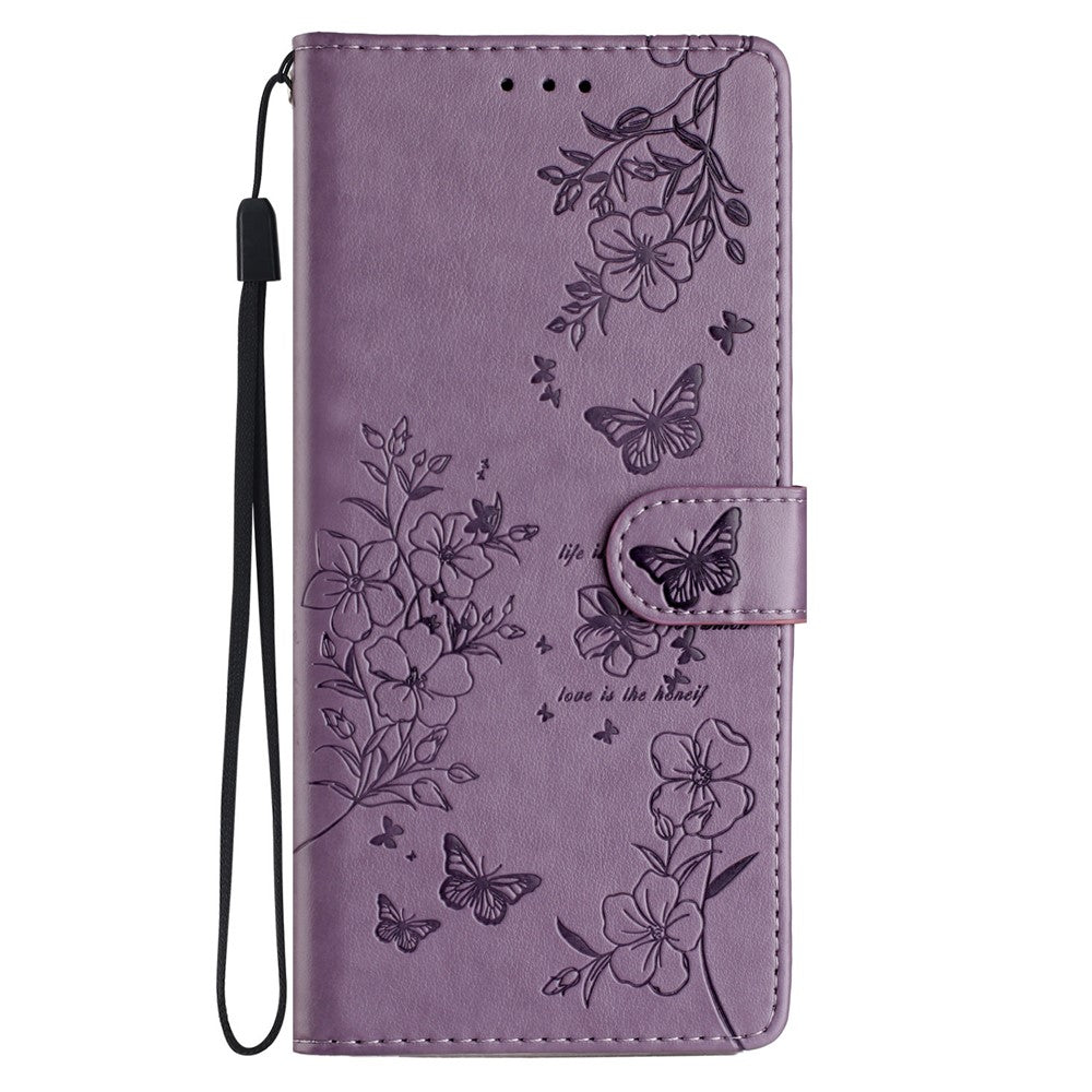 For Oppo Reno14 5G (Global) Wallet Phone Case Butterfly Floral Imprint Leather Flip Cover with Strap - Purple