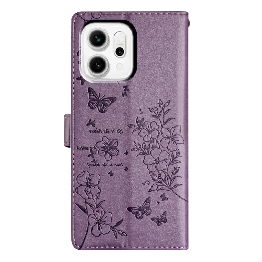 For Oppo Reno14 5G (Global) Wallet Phone Case Butterfly Floral Imprint Leather Flip Cover with Strap - Purple