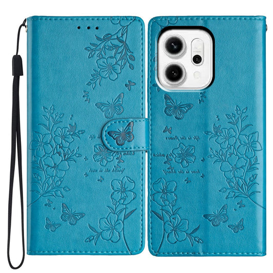 For Oppo Reno14 5G (Global) Wallet Phone Case Butterfly Floral Imprint Leather Flip Cover with Strap - Blue