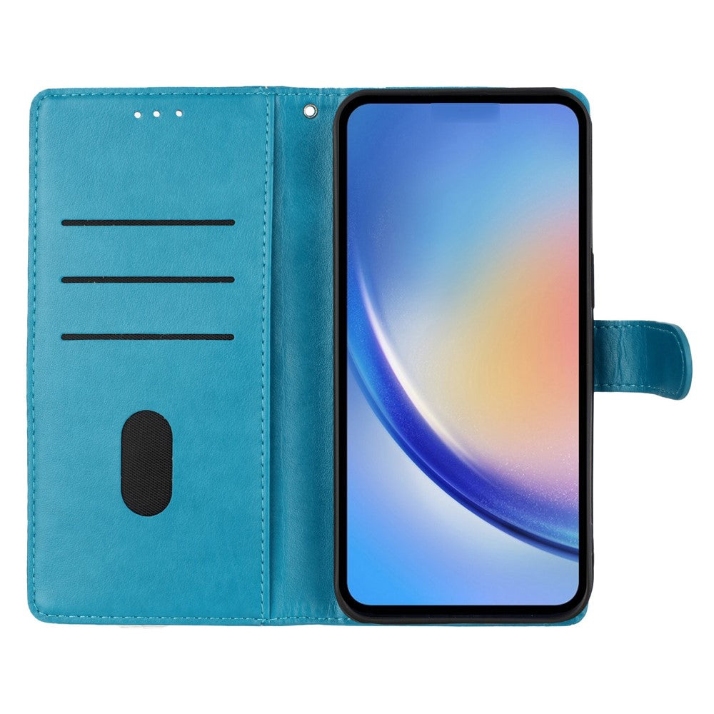 For Oppo Reno14 5G (Global) Wallet Phone Case Butterfly Floral Imprint Leather Flip Cover with Strap - Blue