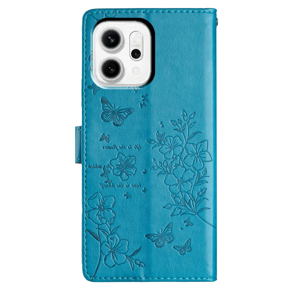For Oppo Reno14 5G (Global) Wallet Phone Case Butterfly Floral Imprint Leather Flip Cover with Strap - Blue