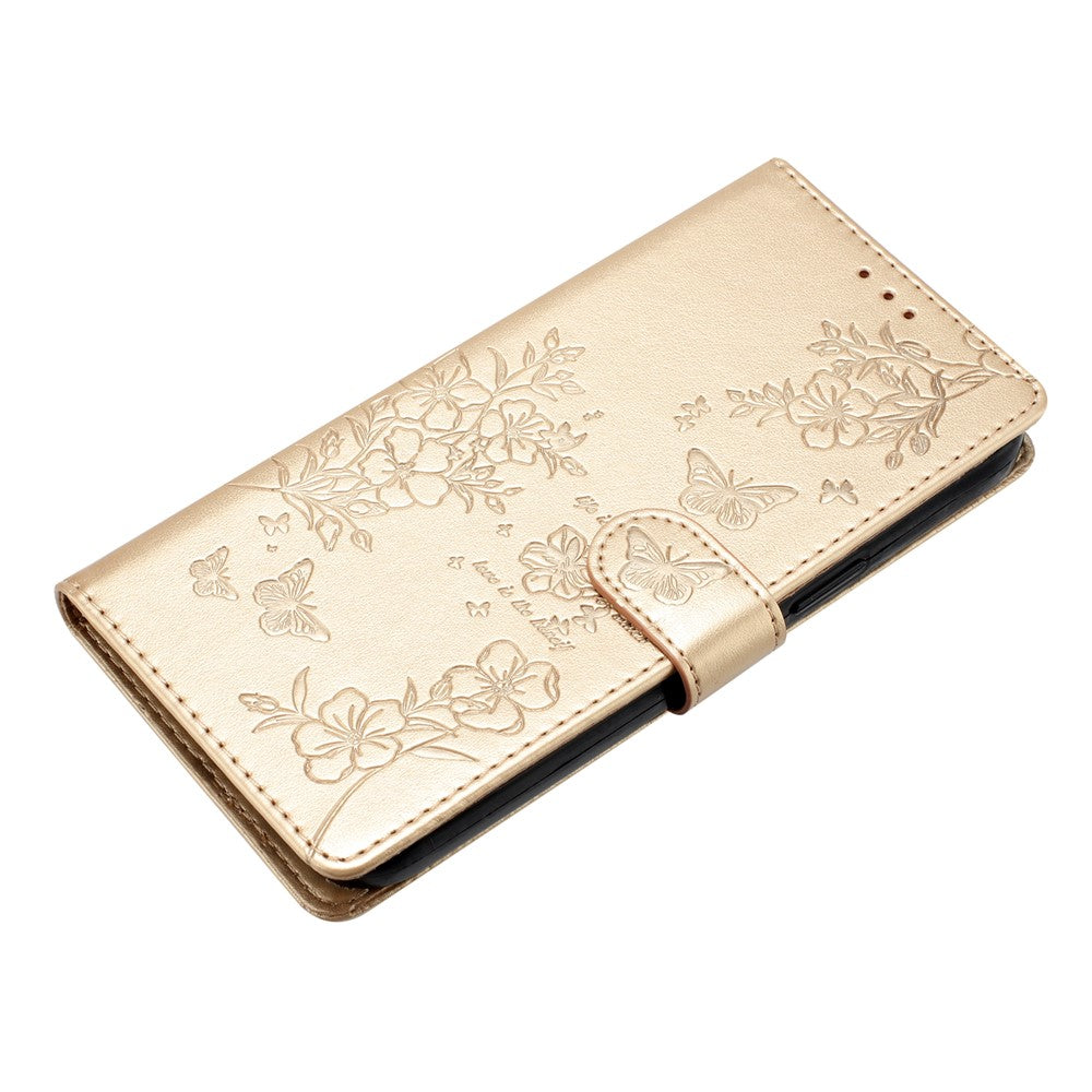 For Oppo Reno14 5G (Global) Wallet Phone Case Butterfly Floral Imprint Leather Flip Cover with Strap - Gold
