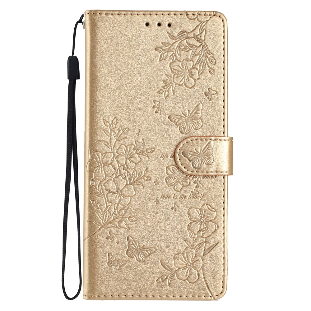 For Oppo Reno14 5G (Global) Wallet Phone Case Butterfly Floral Imprint Leather Flip Cover with Strap - Gold