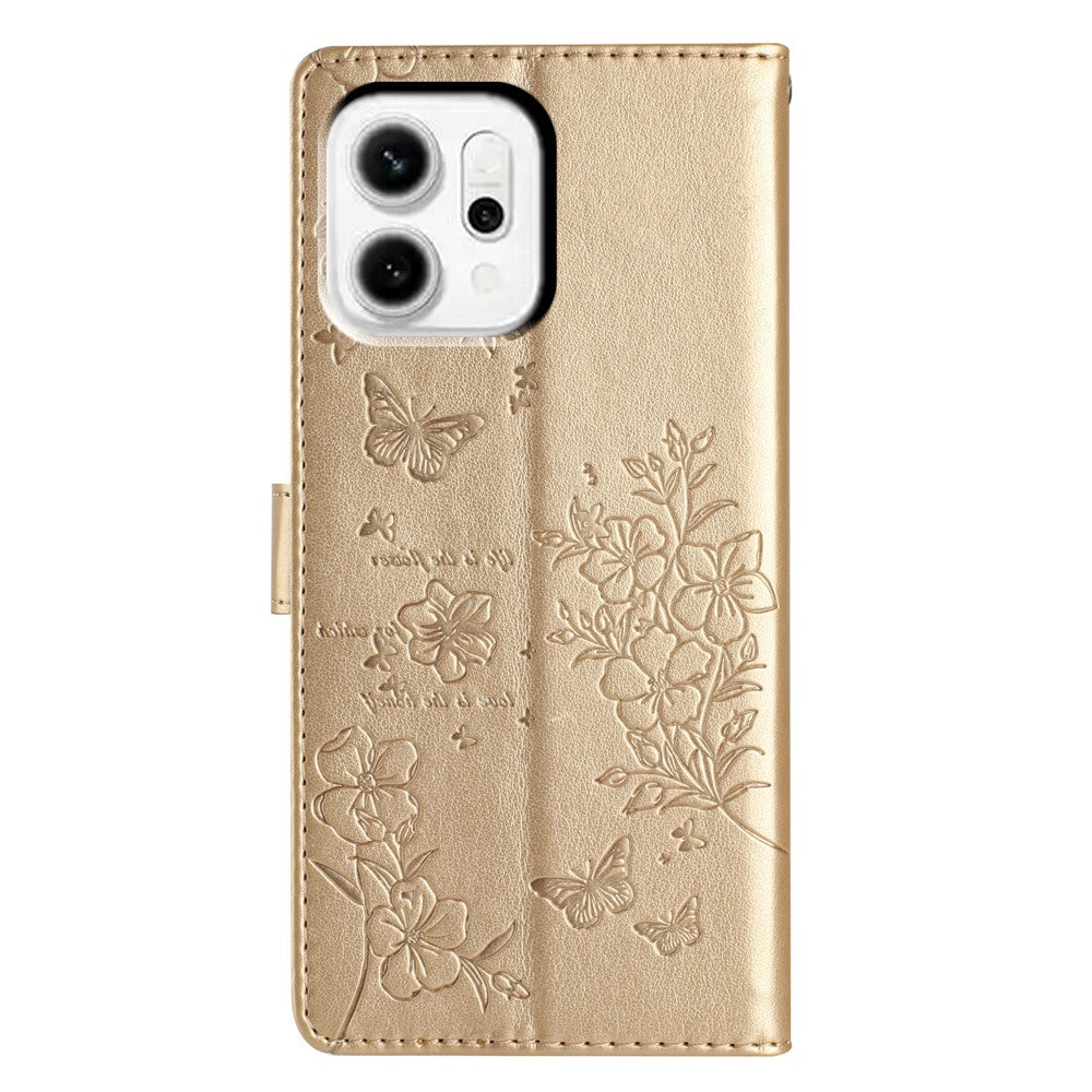 For Oppo Reno14 5G (Global) Wallet Phone Case Butterfly Floral Imprint Leather Flip Cover with Strap - Gold