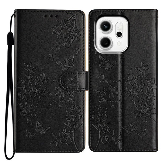 For Oppo Reno14 5G (Global) Wallet Phone Case Butterfly Floral Imprint Leather Flip Cover with Strap - Black