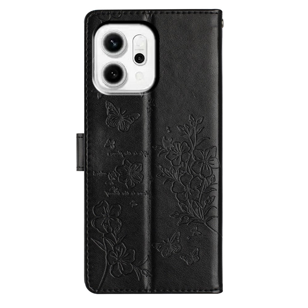 For Oppo Reno14 5G (Global) Wallet Phone Case Butterfly Floral Imprint Leather Flip Cover with Strap - Black