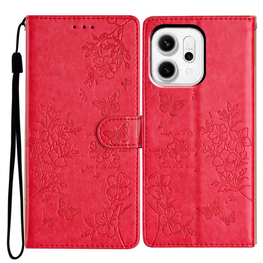 For Oppo Reno14 5G (Global) Wallet Phone Case Butterfly Floral Imprint Leather Flip Cover with Strap - Red