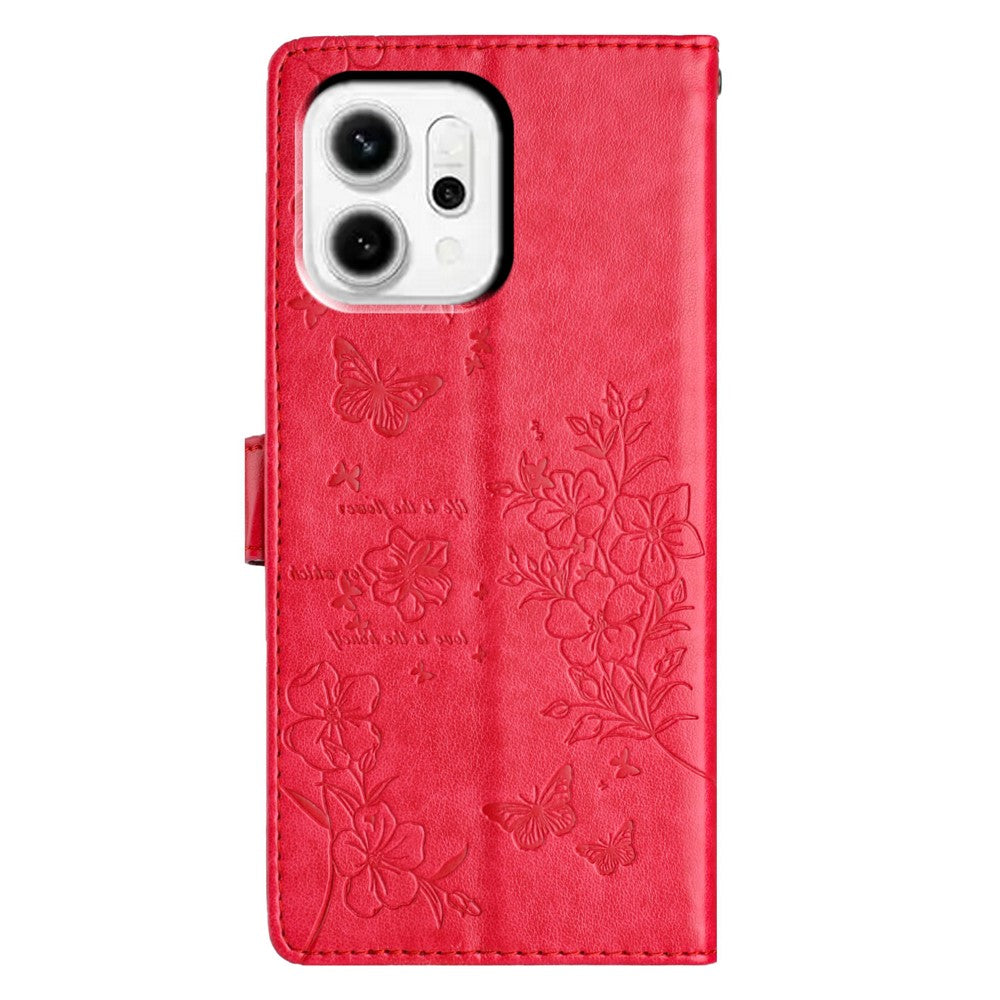 For Oppo Reno14 5G (Global) Wallet Phone Case Butterfly Floral Imprint Leather Flip Cover with Strap - Red