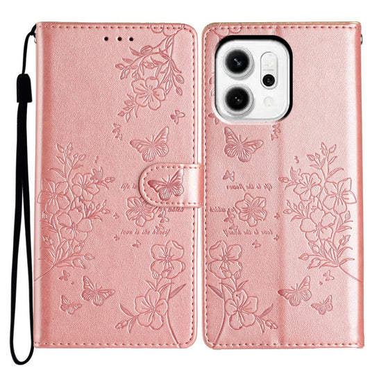 For Oppo Reno14 5G (Global) Wallet Phone Case Butterfly Floral Imprint Leather Flip Cover with Strap - Rose Gold