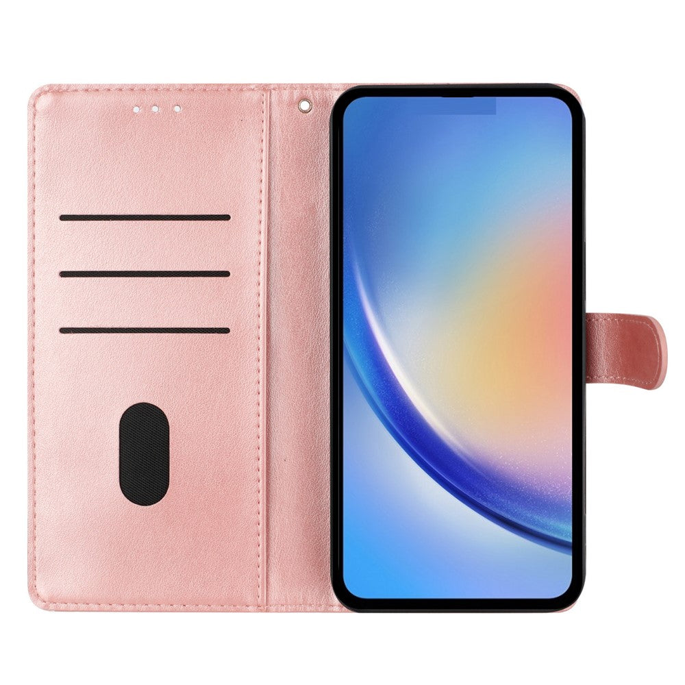 For Oppo Reno14 5G (Global) Wallet Phone Case Butterfly Floral Imprint Leather Flip Cover with Strap - Rose Gold