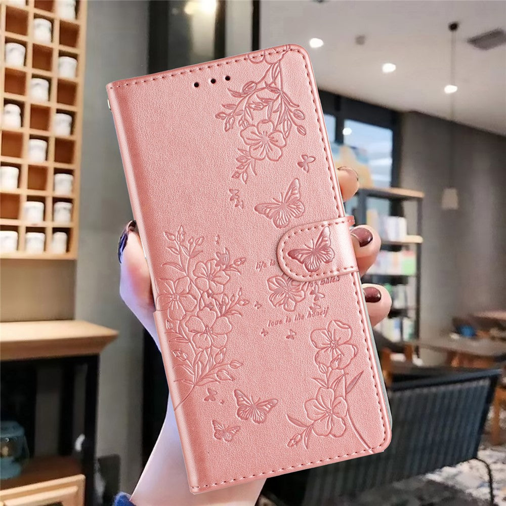 For Oppo Reno14 5G (Global) Wallet Phone Case Butterfly Floral Imprint Leather Flip Cover with Strap - Rose Gold