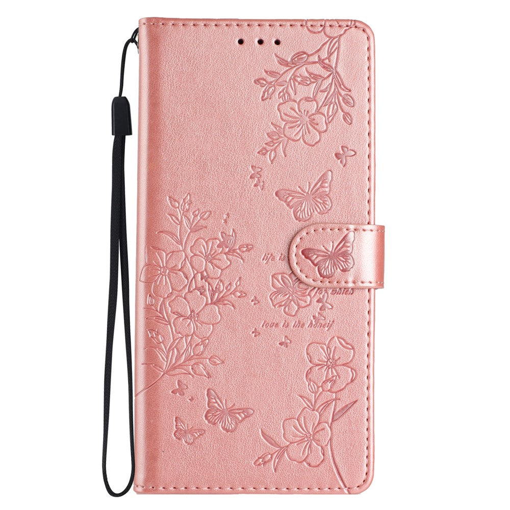 For Oppo Reno14 5G (Global) Wallet Phone Case Butterfly Floral Imprint Leather Flip Cover with Strap - Rose Gold