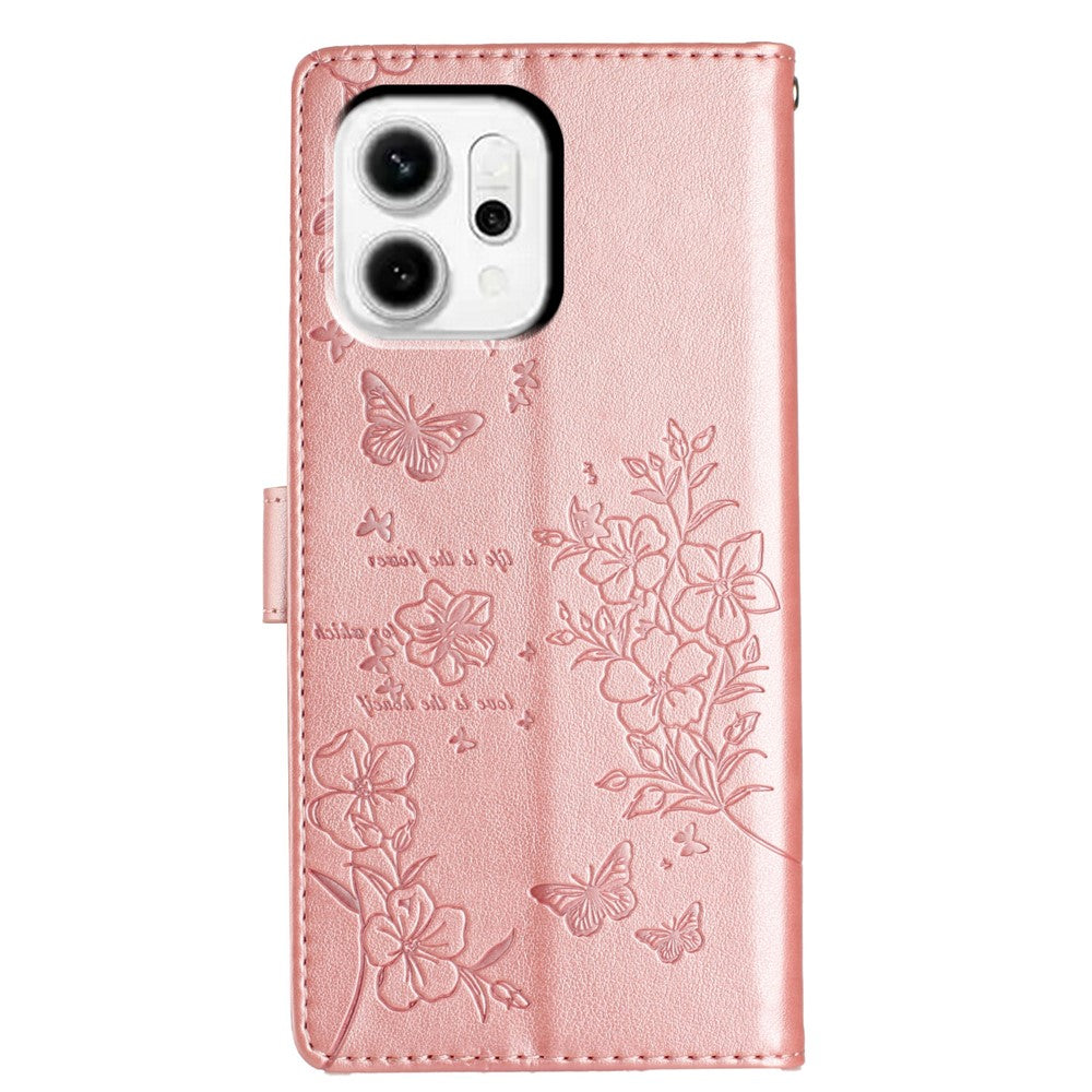 For Oppo Reno14 5G (Global) Wallet Phone Case Butterfly Floral Imprint Leather Flip Cover with Strap - Rose Gold