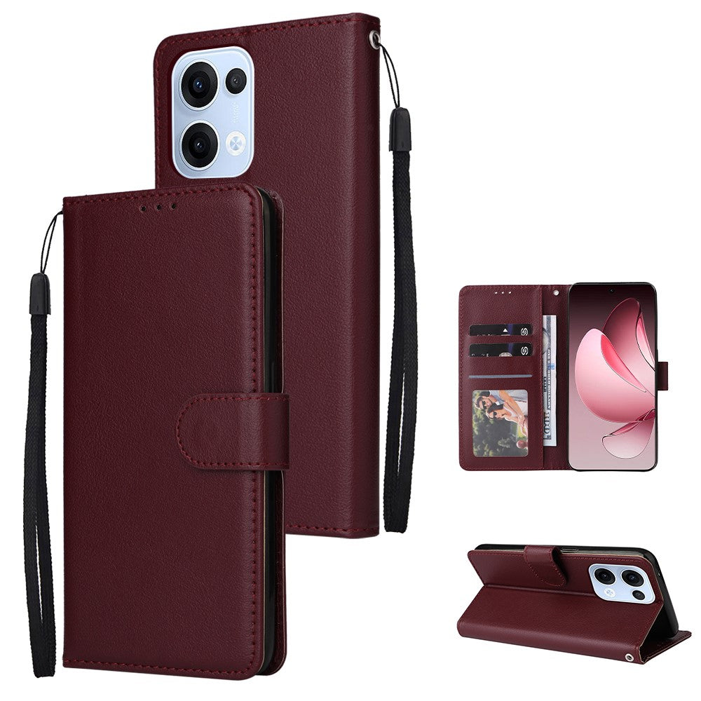 For Oppo Reno13 5G (Global) Case Wallet Stand View PU Leather Phone Cover with Wrist Strap - Wine Red