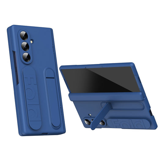 For Samsung Galaxy Z Fold7 5G Case with Tempered Glass Film Silicone Wristband Kickstand PC Phone Cover - Blue