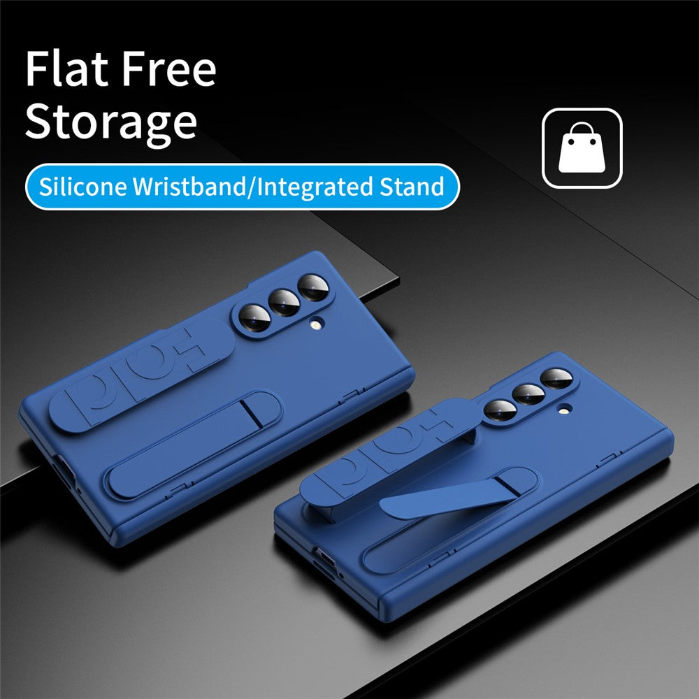 For Samsung Galaxy Z Fold7 5G Case with Tempered Glass Film Silicone Wristband Kickstand PC Phone Cover - Blue