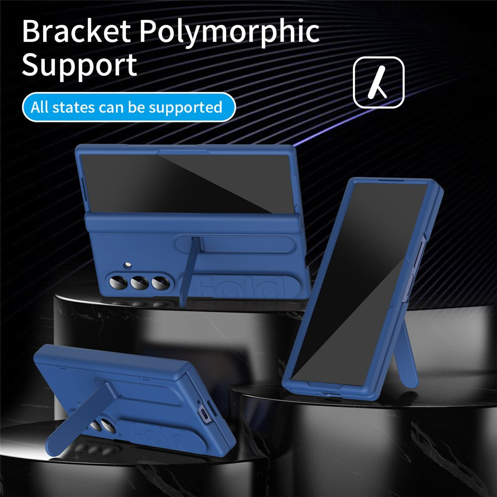 For Samsung Galaxy Z Fold7 5G Case with Tempered Glass Film Silicone Wristband Kickstand PC Phone Cover - Blue