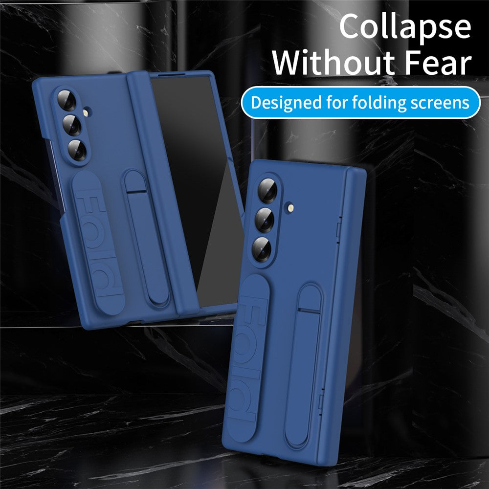 For Samsung Galaxy Z Fold7 5G Case with Tempered Glass Film Silicone Wristband Kickstand PC Phone Cover - Blue