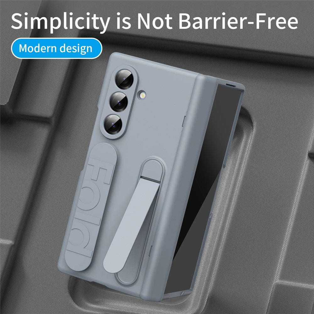 For Samsung Galaxy Z Fold7 5G Case with Tempered Glass Film Silicone Wristband Kickstand PC Phone Cover - Dark Grey