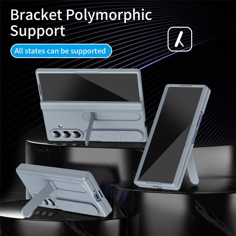 For Samsung Galaxy Z Fold7 5G Case with Tempered Glass Film Silicone Wristband Kickstand PC Phone Cover - Dark Grey