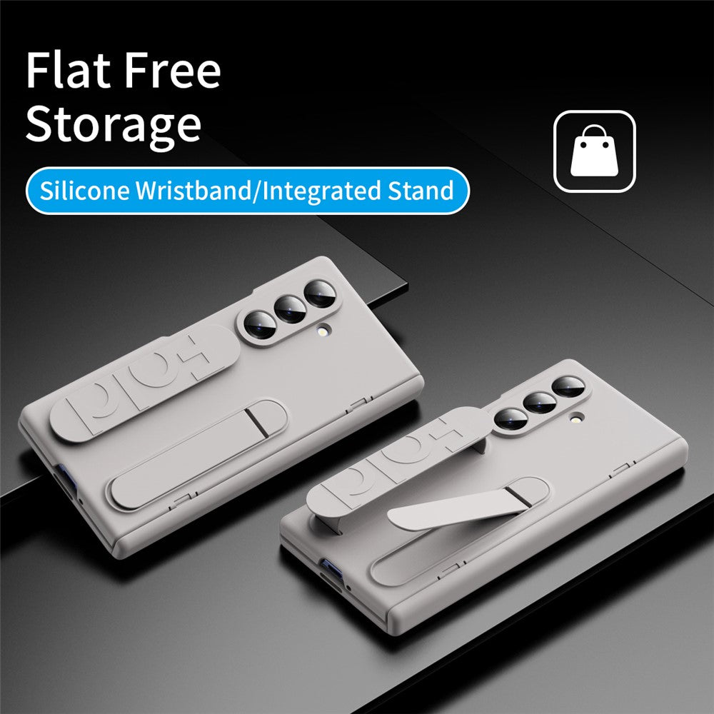 For Samsung Galaxy Z Fold7 5G Case with Tempered Glass Film Silicone Wristband Kickstand PC Phone Cover - Gold