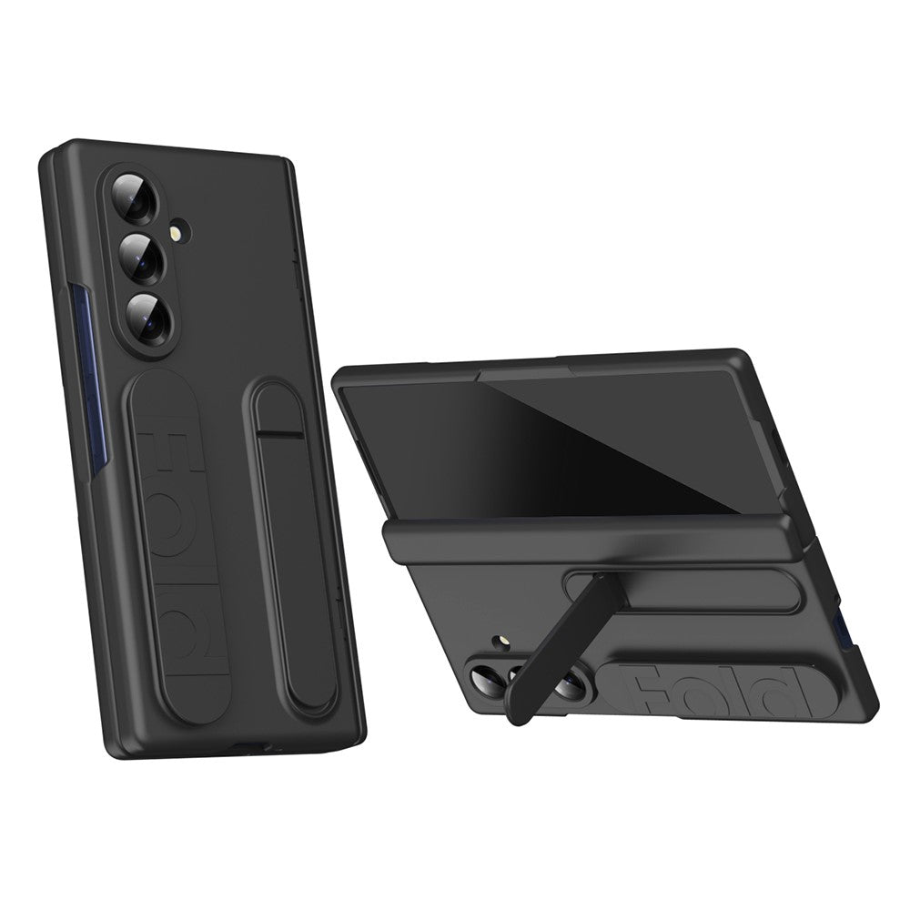 For Samsung Galaxy Z Fold7 5G Case with Tempered Glass Film Silicone Wristband Kickstand PC Phone Cover - Black